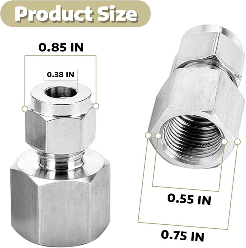 Pysrych Stainless Steel 304 Compression Tube Fitting, Straight Adapter, 3/8" Tube OD x 1/4" NPT Female Coupler, Pack of 2 - Image 2